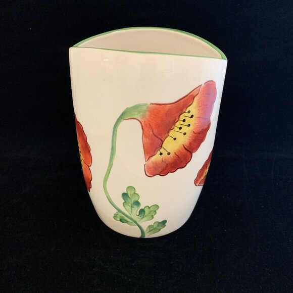 Poppies by Clay Art Hand Painted Oval Vase 7" 2001 Utensil Holder Pottery Vtg - Picture 5 of 12